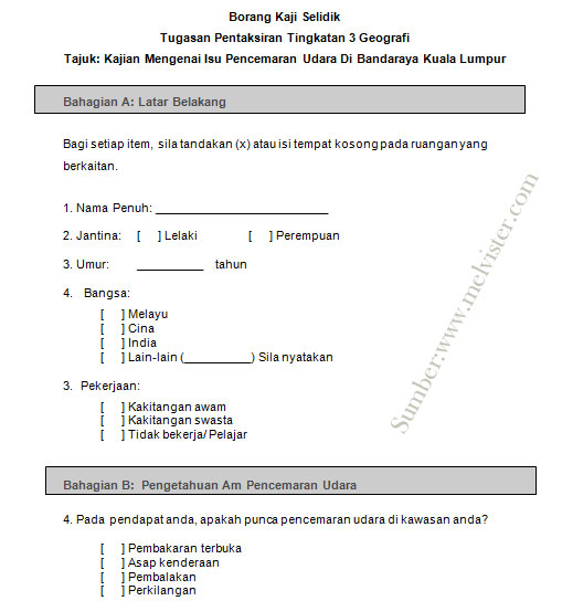 Contoh Borang Soal Kaji Selidik Tugasan Geografi PT3 