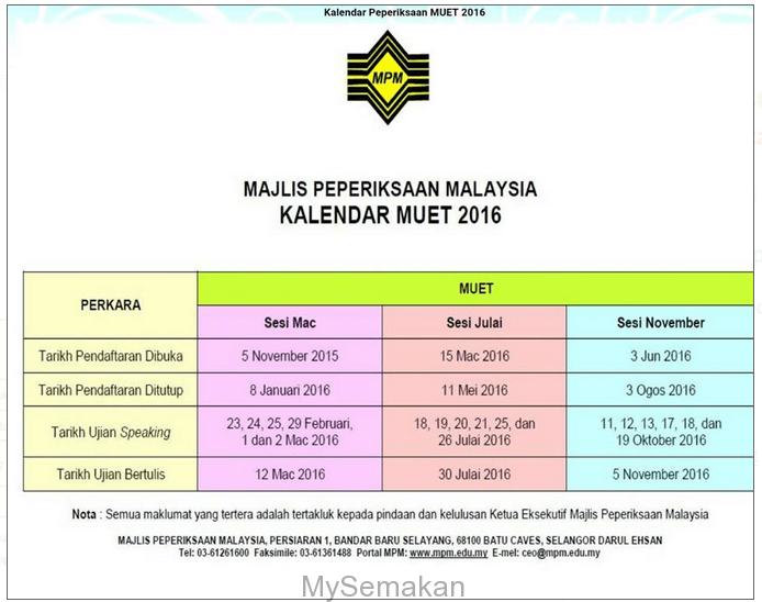 Kalendar Peperiksaan MUET 2016