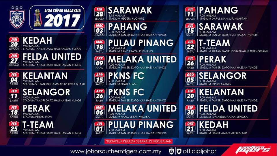 Jadual JDT Liga Super 2017