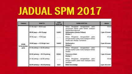 Jadual Peperiksaan SPM 2017 Sijil Pelajaran Malaysia 