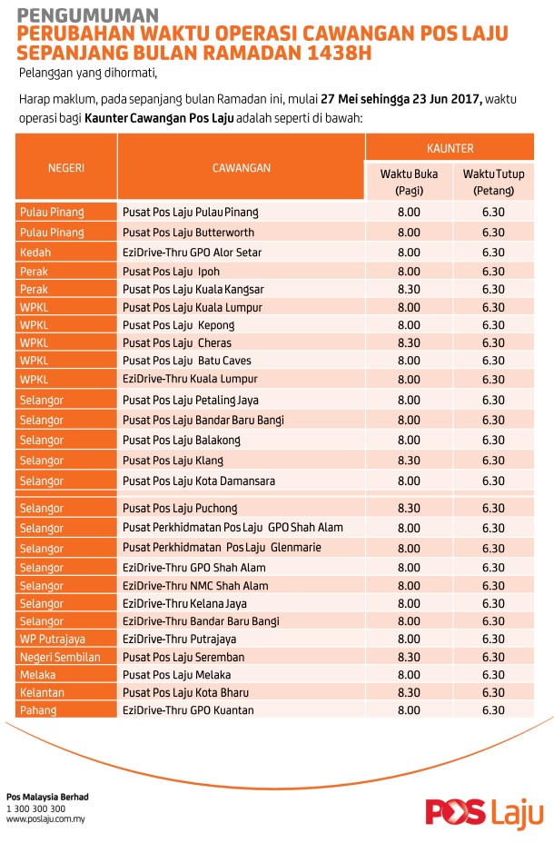 Waktu Operasi Pos Laju Bulan Ramadhan 2017 - MySemakan